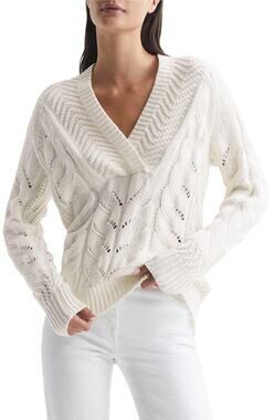 REISS Claudine Ivory Cable Knit Deep V Neck Sweater Jumper XL